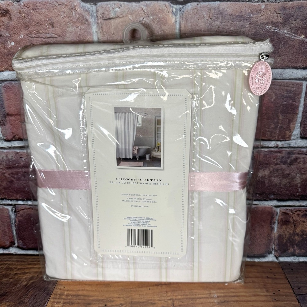 Simply Shabby Chic Pink  Sage Green Striped Shower Curtain 100% Cotton New